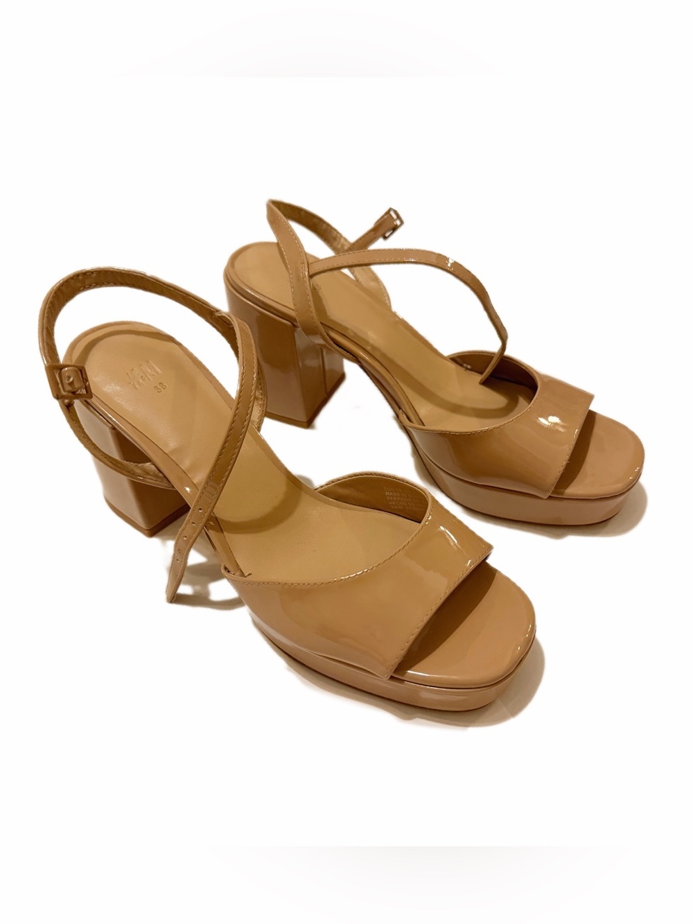 H&M Nude Patent Platform Block Heel Sandals Size 7.5 / 38